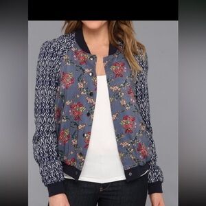 Free People Blue Floral Bomber Jacket with Navy Knit Sleeves